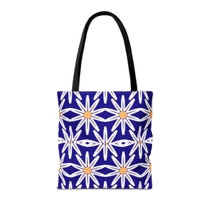 Geometric Blue Aop Tote Bag White Floral Pattern Dipaliz - Bags