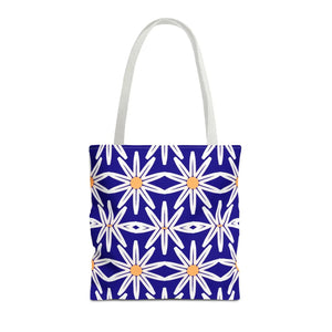 Geometric Blue Aop Tote Bag White Floral Pattern Dipaliz - Bags