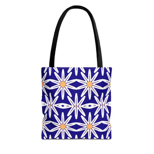 Aop Tote Bag - White Floral Pattern Geometric Blue - Dipaliz - 13’’ × / Black - Bags