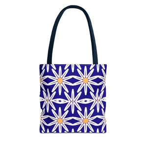 Aop Tote Bag - White Floral Pattern Geometric Blue - Dipaliz - 13’’ × / Navy - Bags