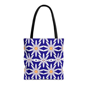 Aop Tote Bag - White Floral Pattern Geometric Blue - Dipaliz - 16’’ × / Black - Bags