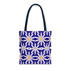 Aop Tote Bag - White Floral Pattern Geometric Blue - Dipaliz - 16’’ × / Navy - Bags