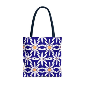 Aop Tote Bag - White Floral Pattern Geometric Blue - Dipaliz - 18’’ × / Navy - Bags