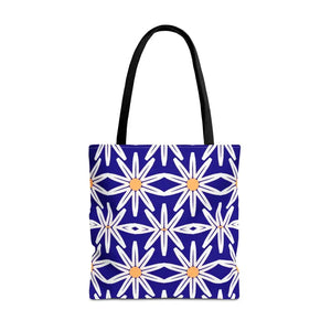Aop Tote Bag - White Floral Pattern Geometric Blue - Dipaliz - 18’’ × / Black - Bags