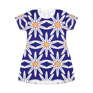 Floral T-shirt Dress – White Flowers on Blue - Dipaliz - Dresses - Xs