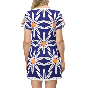 Floral T-shirt Dress – White Flowers on Blue - Dipaliz - Dresses - Xs