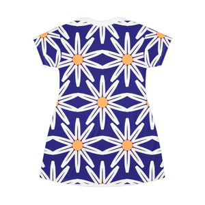 Floral T-shirt Dress – White Flowers on Blue - Dipaliz - Dresses - Xs