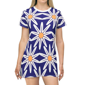 Floral T-shirt Dress – White Flowers on Blue - Dipaliz - Dresses - Xs