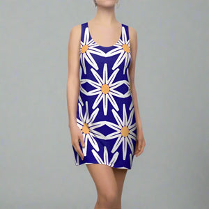 Blue Dress Racerback - White Flower Pattern - Dipaliz - Dresses - Xs