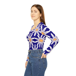 Cobalt Daisy Women’s Long Sleeve V-neck Shirt (aop) - T-shirts