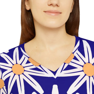 Cobalt Daisy Women’s Long Sleeve V-neck Shirt (aop) - T-shirts