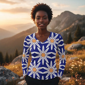 Cobalt Daisy Women’s Long Sleeve V-neck Shirt (aop) - T-shirts