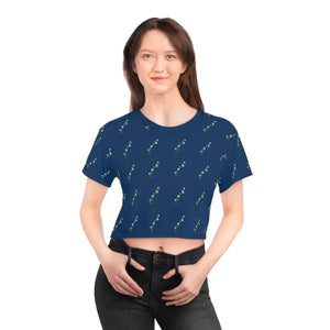 Women’s Crop Tee White Flowers Blue Print Bold Style - Dipaliz - Black Stitching / Xs - T-shirts