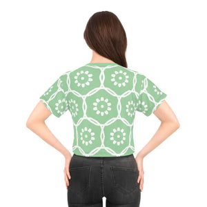 White Flowers Polyester Crop Tee Pastel Green Aop - Dipaliz - T-shirts