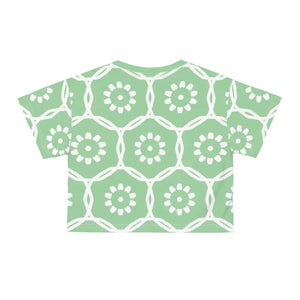 White Flowers Polyester Crop Tee Pastel Green Aop - Dipaliz - T-shirts