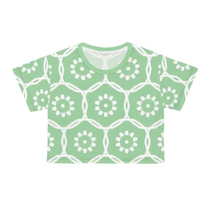 White Flowers Polyester Crop Tee Pastel Green Aop - Dipaliz - Black Stitching / Xs - T-shirts