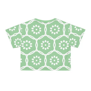 White Flowers Polyester Crop Tee Pastel Green Aop - Dipaliz - T-shirts