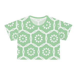 White Flowers Polyester Crop Tee Pastel Green Aop - Dipaliz - T-shirts