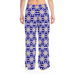 White Large Floral Pattern on Blue Women’s Pajama Pants (aop) - Pajamas