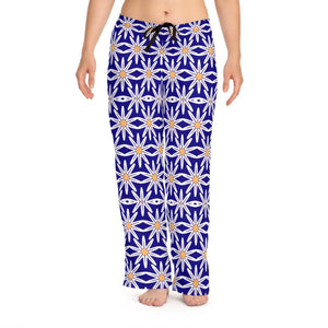 White Large Floral Pattern on Blue Women’s Pajama Pants (aop) - Pajamas