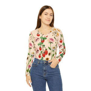 Whimsical Garden Wild Flowers and Berries Women’s Long Sleeve V-neck Shirt (aop) - T-shirts