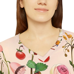 Whimsical Garden Wild Flowers and Berries Women’s Long Sleeve V-neck Shirt (aop) - T-shirts