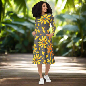 Long Sleeve Midi Dress Large Yellow Flowers Polyester Elastane Dipaliz - Dresses