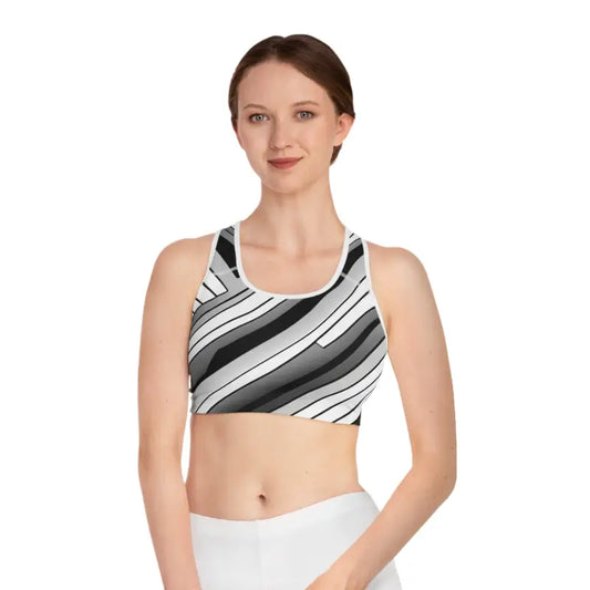 Elevate your Workout: Dipaliz Grey Striped Sports Bra Essentials! - s / White Stitching All Over Prints