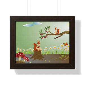 Forest Framed Horizontal Poster - Vibrant Squirrels - Dipaliz - 14″ x 11″ / Walnut - Posters Prints & Visual Artwork