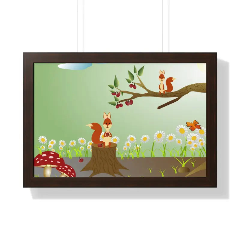 Discover Nature: Squirrels in Forest Framed Horizontal Poster - 24″ x 16″ / Walnut