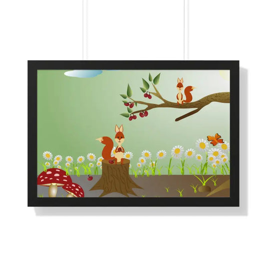 Enchanting Forest Framed Poster with Frolicking Squirrels - 30’’ x 20’’ / Black