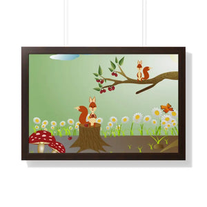 Forest Framed Horizontal Poster - Vibrant Squirrels - Dipaliz - 30’’ x 20’’ / Walnut - Posters Prints & Visual Artwork