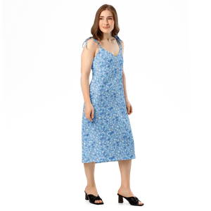Dresses - Ditsy Floral Capri Blue Midi Dress with Tie Straps - Dipaliz