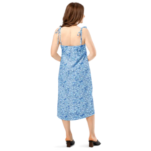 Dresses - Ditsy Floral Capri Blue Midi Dress with Tie Straps - Dipaliz