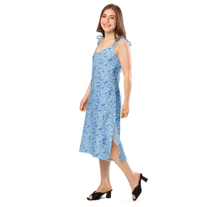 Dresses - Ditsy Floral Capri Blue Midi Dress with Tie Straps - Dipaliz