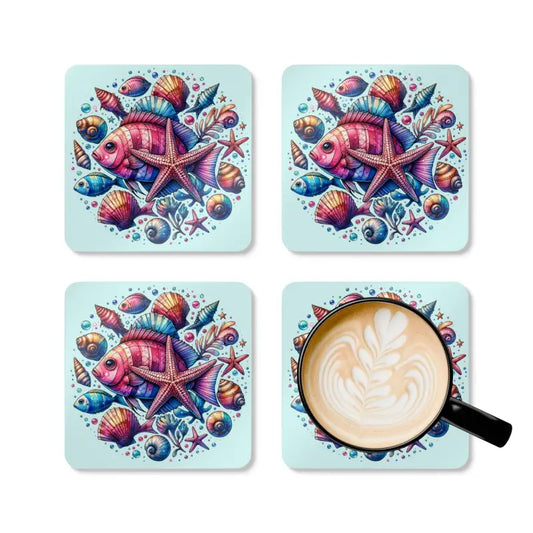 Dive Into Style with Sea Creatures Corkwood Coaster Set - Cork / 3.75’’ × / Square Home Decor