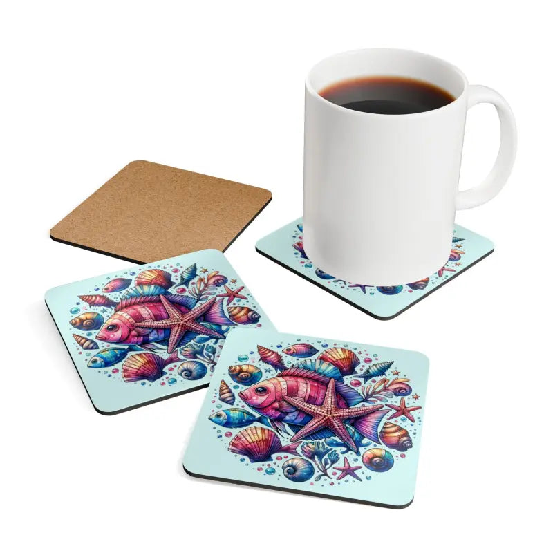 Dive Into Style with Sea Creatures Corkwood Coaster Set - Cork / 3.75’’ × / Square Home Decor