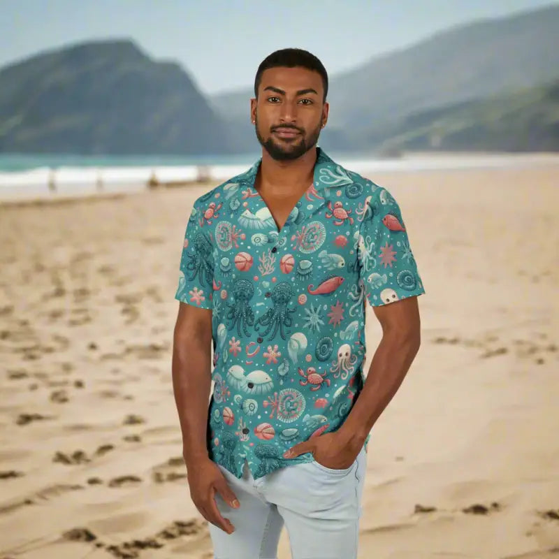 Catch Waves with our Marine-themed Hawaiian Camp Shirt - Shirts