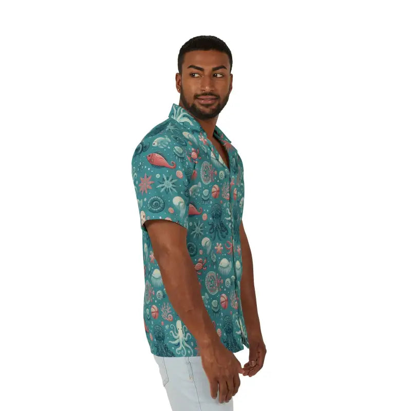 Catch Waves with our Marine-themed Hawaiian Camp Shirt - Shirts