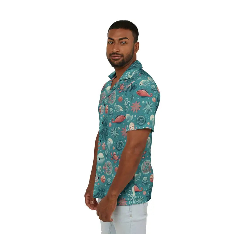 Catch Waves with our Marine-themed Hawaiian Camp Shirt - Shirts