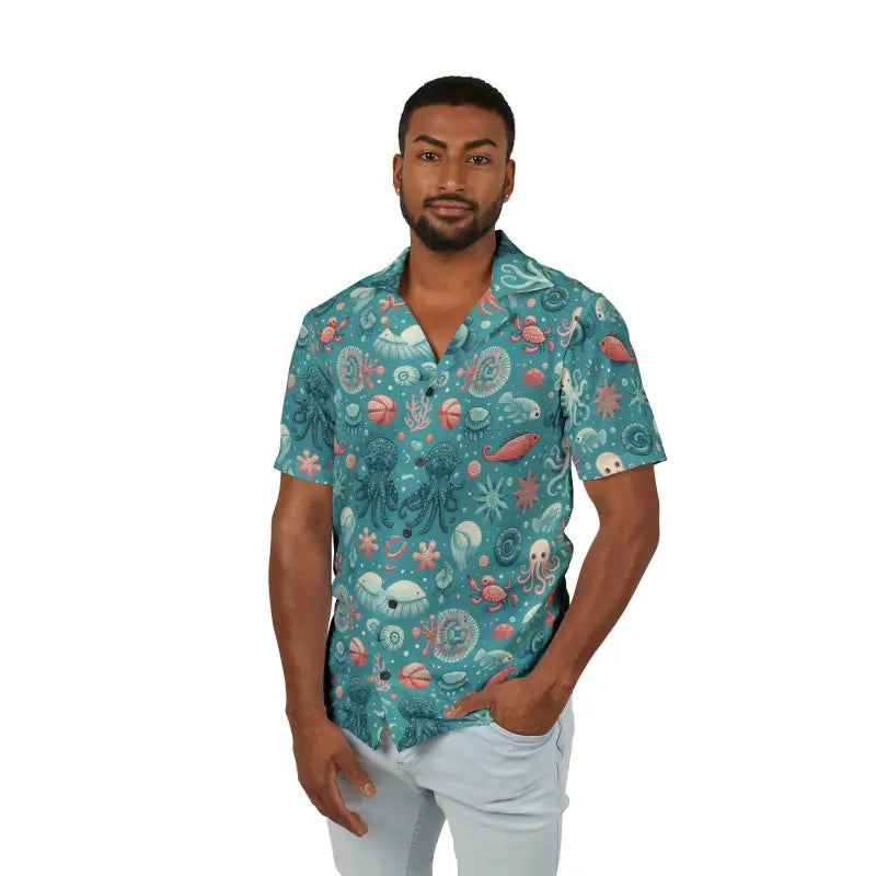 Catch Waves with our Marine-themed Hawaiian Camp Shirt - Shirts