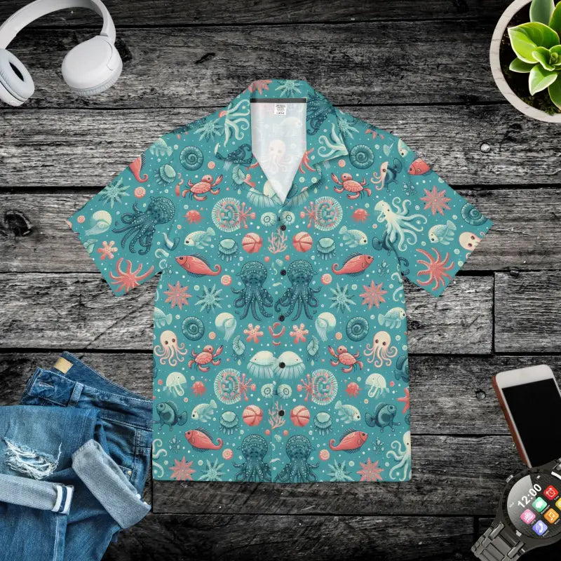 Catch Waves with our Marine-themed Hawaiian Camp Shirt - Xs Shirts