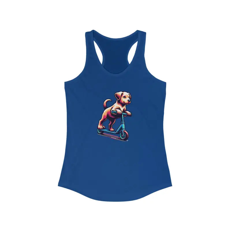 Chic Women’s Dog on Scooter Racerback Tank - s / Solid Royal Top