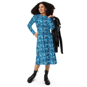 Dot Capri Blue Midi Dress – Long Sleeve Pockets - Dipaliz - Dresses - Xs