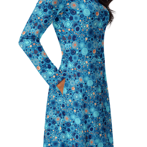 Dot Capri Blue Midi Dress – Long Sleeve Pockets - Dipaliz - Dresses - Xs