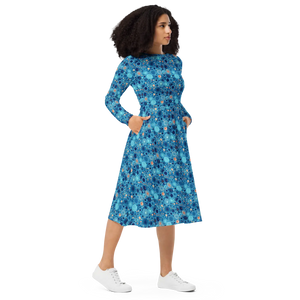 Dot Capri Blue Midi Dress – Long Sleeve Pockets - Dipaliz - Dresses - Xs