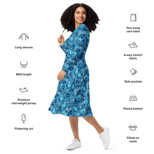 Dot Capri Blue Midi Dress – Long Sleeve Pockets - Dipaliz - Dresses - Xs