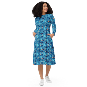 Dot Capri Blue Midi Dress – Long Sleeve Pockets - Dipaliz - Dresses - Xs