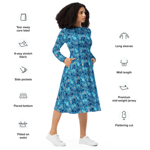 Dot Capri Blue Midi Dress – Long Sleeve Pockets - Dipaliz - Dresses - Xs