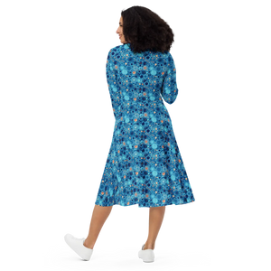 Dot Capri Blue Midi Dress – Long Sleeve Pockets - Dipaliz - Dresses - Xs
